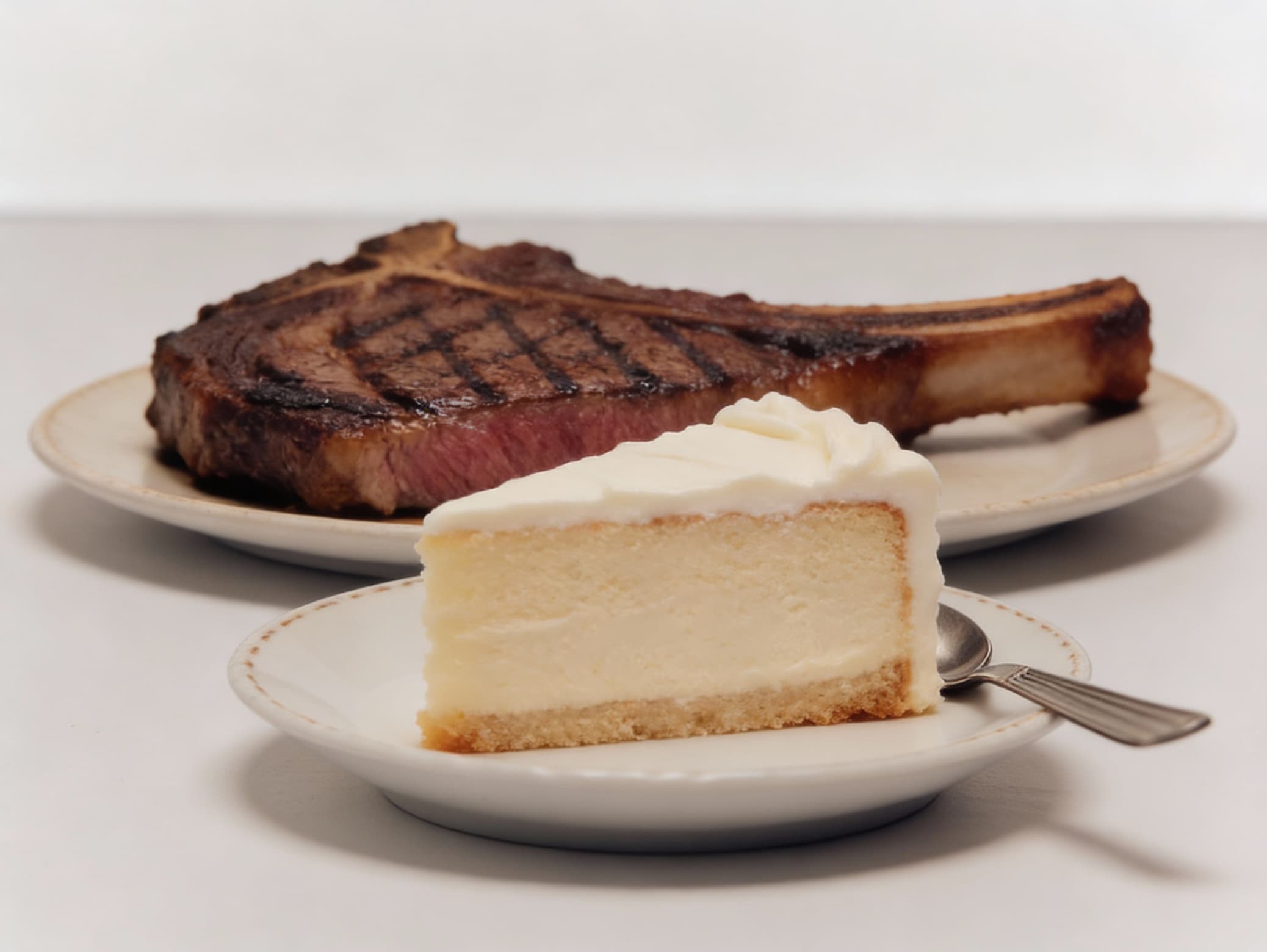 A steak and a slice of cake